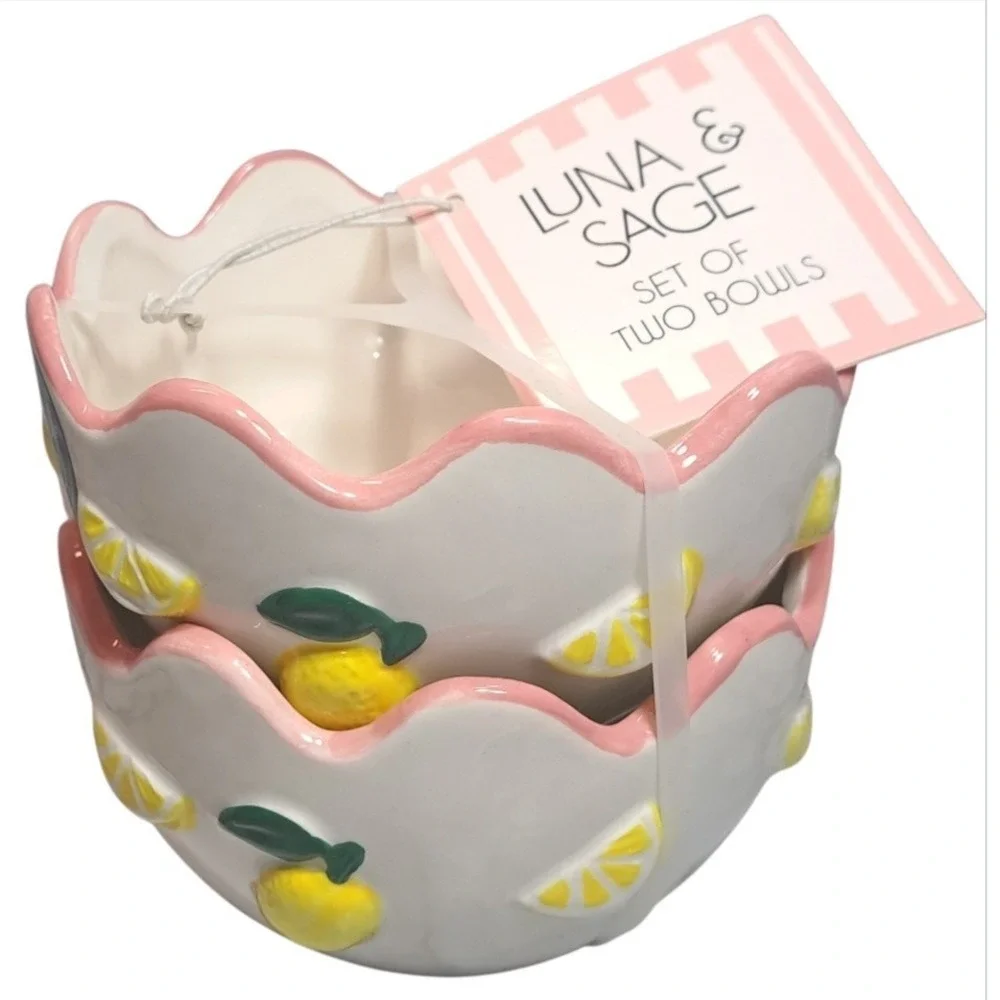 Luna & Sage Set of 2 Lemon Theme Bowls With Pink Scallop Rim‎ Kitchen Dinnerware